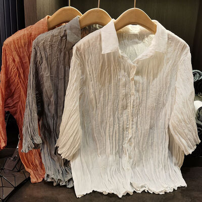 Women's Cotton Breathable  Top Turn-Down Collar Pleated Design Versatile Solid Color Long