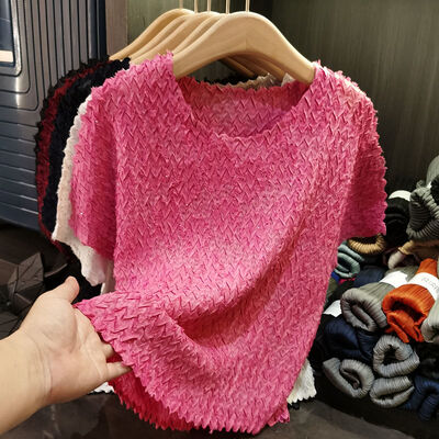 Summer T-Shirt Solid Color Loose Neck Breathable Casual Short Sleeved Top Wave Pleated Style New Stylish Temperament