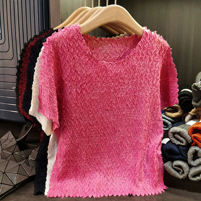 Summer T-Shirt Solid Color Loose Neck Breathable Casual Short Sleeved Top Wave Pleated Style New Stylish Temperament