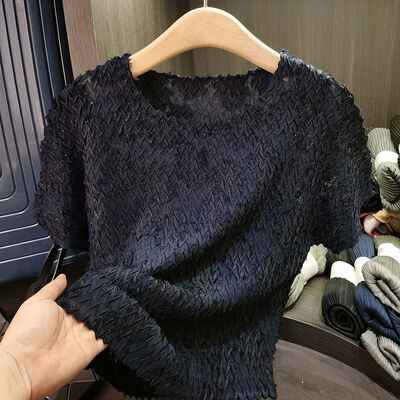 Summer T-Shirt Solid Color Loose Neck Breathable Casual Short Sleeved Top Wave Pleated Style New Stylish Temperament