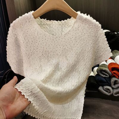 Summer T-Shirt Solid Color Loose Neck Breathable Casual Short Sleeved Top Wave Pleated Style New Stylish Temperament