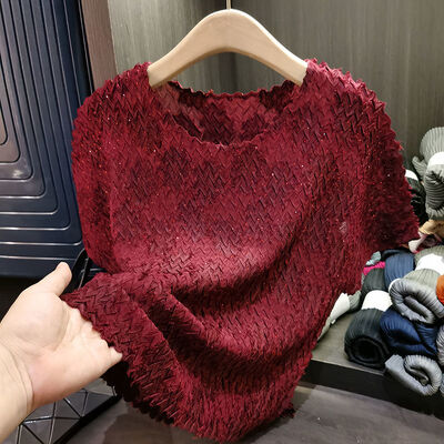 Summer T-Shirt Solid Color Loose Neck Breathable Casual Short Sleeved Top Wave Pleated Style New Stylish Temperament