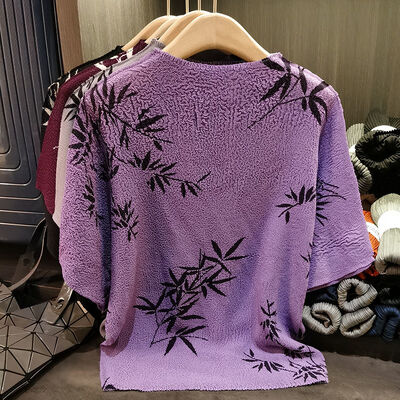 Women's Summer Short-Sleeved T-Shirt Breathable National Style with New Ink Print Design Loose Pleated Top