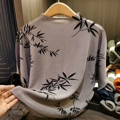 Women's Summer Short-Sleeved T-Shirt Breathable National Style with New Ink Print Design Loose Pleated Top