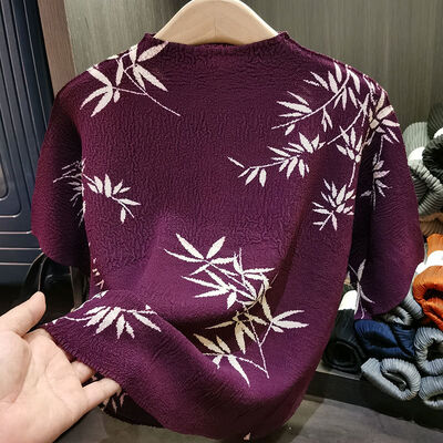 Women's Summer Short-Sleeved T-Shirt Breathable National Style with New Ink Print Design Loose Pleated Top