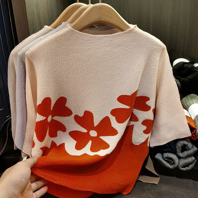 Summer Versatile Top Feminine Style Bat Color Blocked T-Shirt Folded Loose Large Size Breathable Design