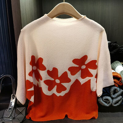 Summer Versatile Top Feminine Style Bat Color Blocked T-Shirt Folded Loose Large Size Breathable Design