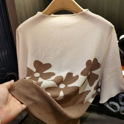 Summer Versatile Top Feminine Style Bat Color Blocked T-Shirt Folded Loose Large Size Breathable Design