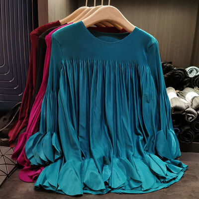 Long Sleeved Petal Versatile T-shirt for Women's Spring and Summer New Style Solid Color Round Neck Loose Ruffle Edge Top