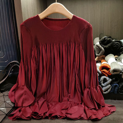 Long Sleeved Petal Versatile T-shirt for Women's Spring and Summer New Style Solid Color Round Neck Loose Ruffle Edge Top