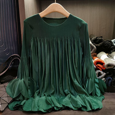 Long Sleeved Petal Versatile T-shirt for Women's Spring and Summer New Style Solid Color Round Neck Loose Ruffle Edge Top