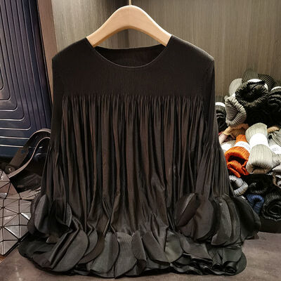 Long Sleeved Petal Versatile T-shirt for Women's Spring and Summer New Style Solid Color Round Neck Loose Ruffle Edge Top