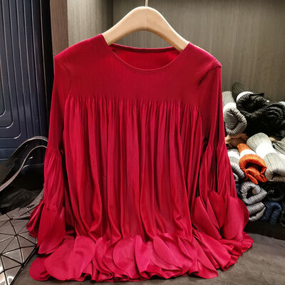 Long Sleeved Petal Versatile T-shirt for Women's Spring and Summer New Style Solid Color Round Neck Loose Ruffle Edge Top