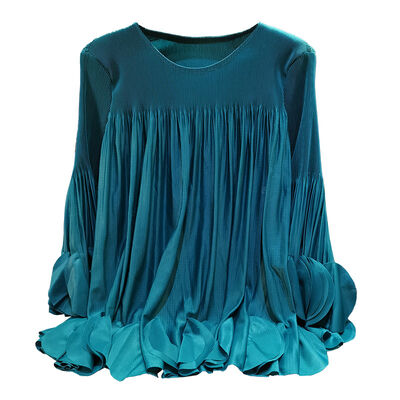 Long Sleeved Petal Versatile T-shirt for Women's Spring and Summer New Style Solid Color Round Neck Loose Ruffle Edge Top