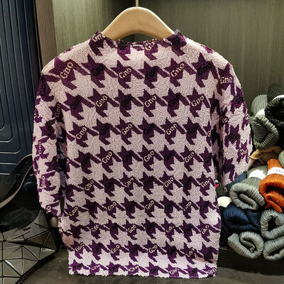 Women's Summer T-Shirt with Thousand Birds Grid Print New Round Neck & Large Bat Sleeve Breathable Top