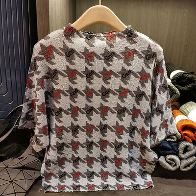 Women's Summer T-Shirt with Thousand Birds Grid Print New Round Neck & Large Bat Sleeve Breathable Top