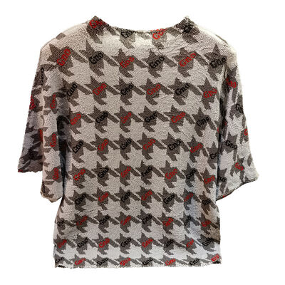 Women's Summer T-Shirt with Thousand Birds Grid Print New Round Neck & Large Bat Sleeve Breathable Top