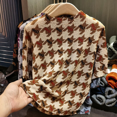 Women's Summer T-Shirt with Thousand Birds Grid Print New Round Neck & Large Bat Sleeve Breathable Top