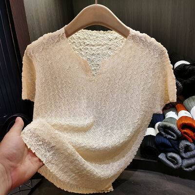 Texture Hand Kneaded Pleated V-neck Top for Women's Summer New Versatile Solid Color Short Sleeved Top