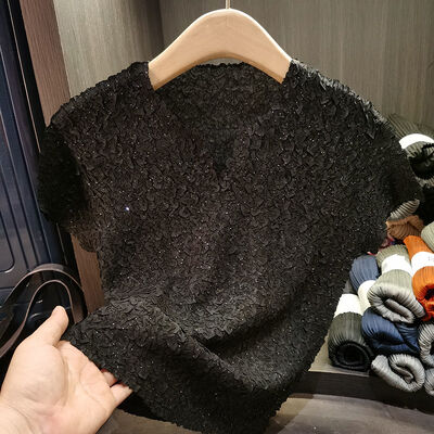 Texture Hand Kneaded Pleated V-neck Top for Women's Summer New Versatile Solid Color Short Sleeved Top