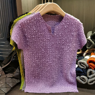 Texture Hand Kneaded Pleated V-neck Top for Women's Summer New Versatile Solid Color Short Sleeved Top