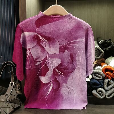 Women's Elegant Loose Plus Size Top New Spring Summer Anti-Pilling Knitted Casual Versatile Slimming Neck Design Printed