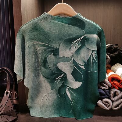 Women's Elegant Loose Plus Size Top New Spring Summer Anti-Pilling Knitted Casual Versatile Slimming Neck Design Printed