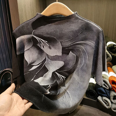 Women's Elegant Loose Plus Size Top New Spring Summer Anti-Pilling Knitted Casual Versatile Slimming Neck Design Printed