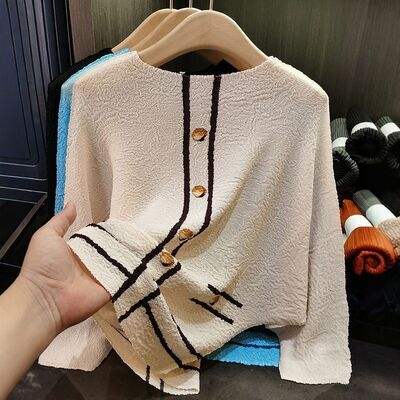 Women's Fashionable Slimming Long-Sleeved Top Loose Large Size with Contrast Color Edge Design for Summer