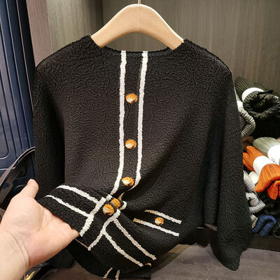 Women's Fashionable Slimming Long-Sleeved Top Loose Large Size with Contrast Color Edge Design for Summer