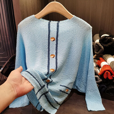 Women's Fashionable Slimming Long-Sleeved Top Loose Large Size with Contrast Color Edge Design for Summer