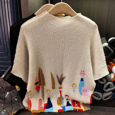 Elegant Eco-Friendly Summer Casual Collection New Large Size Printed Pleated T-Shirt Short-Sleeved Top in Knitted Style