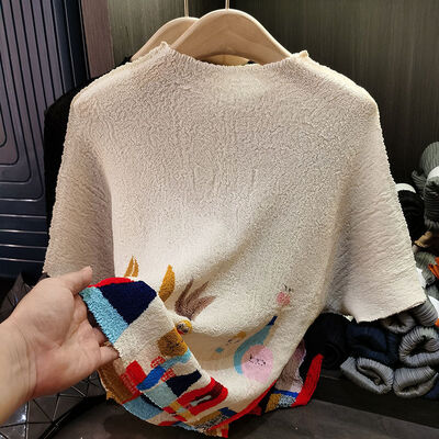 Elegant Eco-Friendly Summer Casual Collection New Large Size Printed Pleated T-Shirt Short-Sleeved Top in Knitted Style