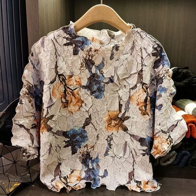 Spring/Summer New Round Neck Printed Fashionable Temperament Loose Large Size Slimming Top for Women