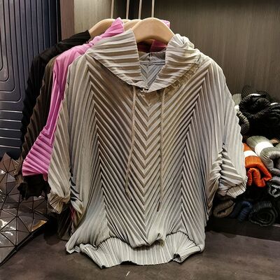 Hooded Pleated Lazy Style Summer Korean Version Loose Short Sleeved Solid Color T-shirt Top for Women