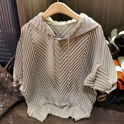Hooded Pleated Lazy Style Summer Korean Version Loose Short Sleeved Solid Color T-shirt Top for Women