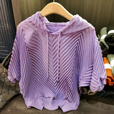 Hooded Pleated Lazy Style Summer Korean Version Loose Short Sleeved Solid Color T-shirt Top for Women