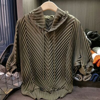 Hooded Pleated Lazy Style Summer Korean Version Loose Short Sleeved Solid Color T-shirt Top for Women