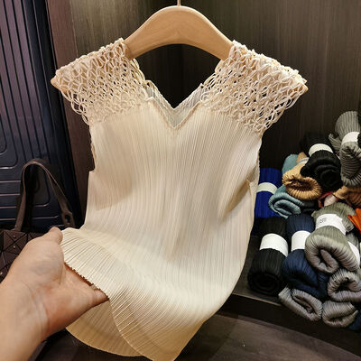Women's Summer V-Neck Hollow Top Versatile Pleated Sleeveless Vest T-Shirt Solid Color New Style Knitted Fabric Digital