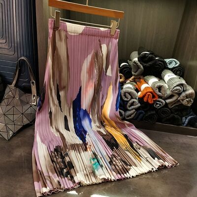 Women's Retro Style Summer Half Skirt New Casual Elastic Waist Pleated Mid-Length Design Oil Painting Contrasting Detail