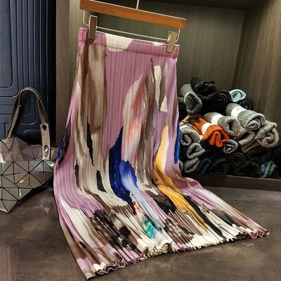 Women's Retro Style Summer Half Skirt New Casual Elastic Waist Pleated Mid-Length Design Oil Painting Contrasting Detail