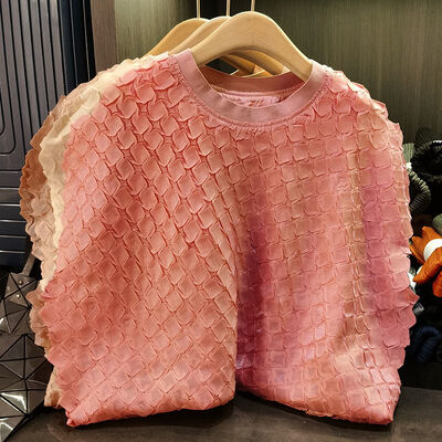 Women's Summer Casual Top Elegant Short-Sleeved Pullover T-Shirt Personalized Design Versatile Loose Fit Solid Large