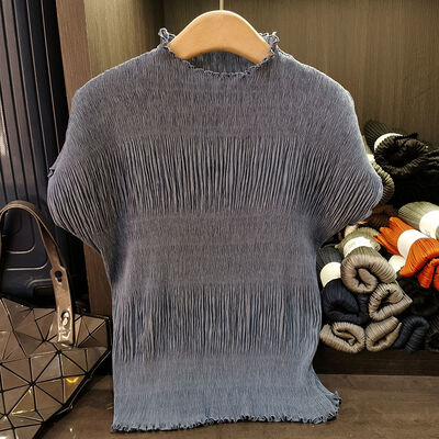 Women's Elegant  Pleated T-Shirt Anti-Pilling Woven Fungus-Textured Stand-Up Collar Short-Sleeved Loose Casual for