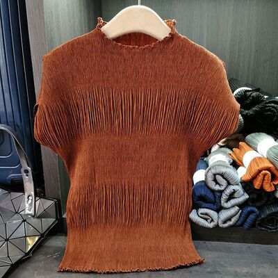 Women's Elegant  Pleated T-Shirt Anti-Pilling Woven Fungus-Textured Stand-Up Collar Short-Sleeved Loose Casual for