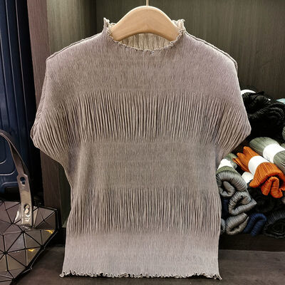 Women's Elegant  Pleated T-Shirt Anti-Pilling Woven Fungus-Textured Stand-Up Collar Short-Sleeved Loose Casual for