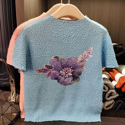 High-End Design Elegant Ruched Sweet Top Loose Half Turtleneck Short Sleeve T-shirt Solid Color Knitted for Spring Summer