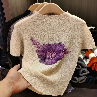 High-End Design Elegant Ruched Sweet Top Loose Half Turtleneck Short Sleeve T-shirt Solid Color Knitted for Spring Summer