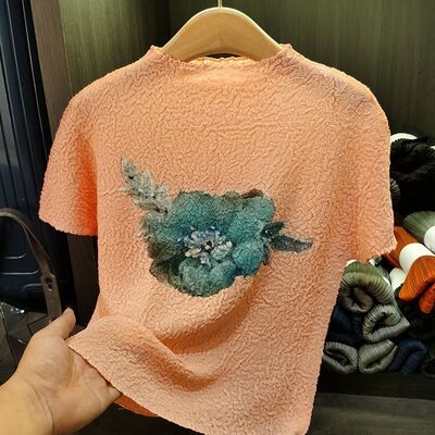 High-End Design Elegant Ruched Sweet Top Loose Half Turtleneck Short Sleeve T-shirt Solid Color Knitted for Spring Summer