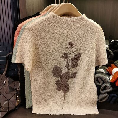 Women's Elegant Loose Half-High Collar Printed Short Sleeve T-Shirt High-End Knitted Fabric Casual Summer New Arrival