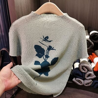 Women's Elegant Loose Half-High Collar Printed Short Sleeve T-Shirt High-End Knitted Fabric Casual Summer New Arrival